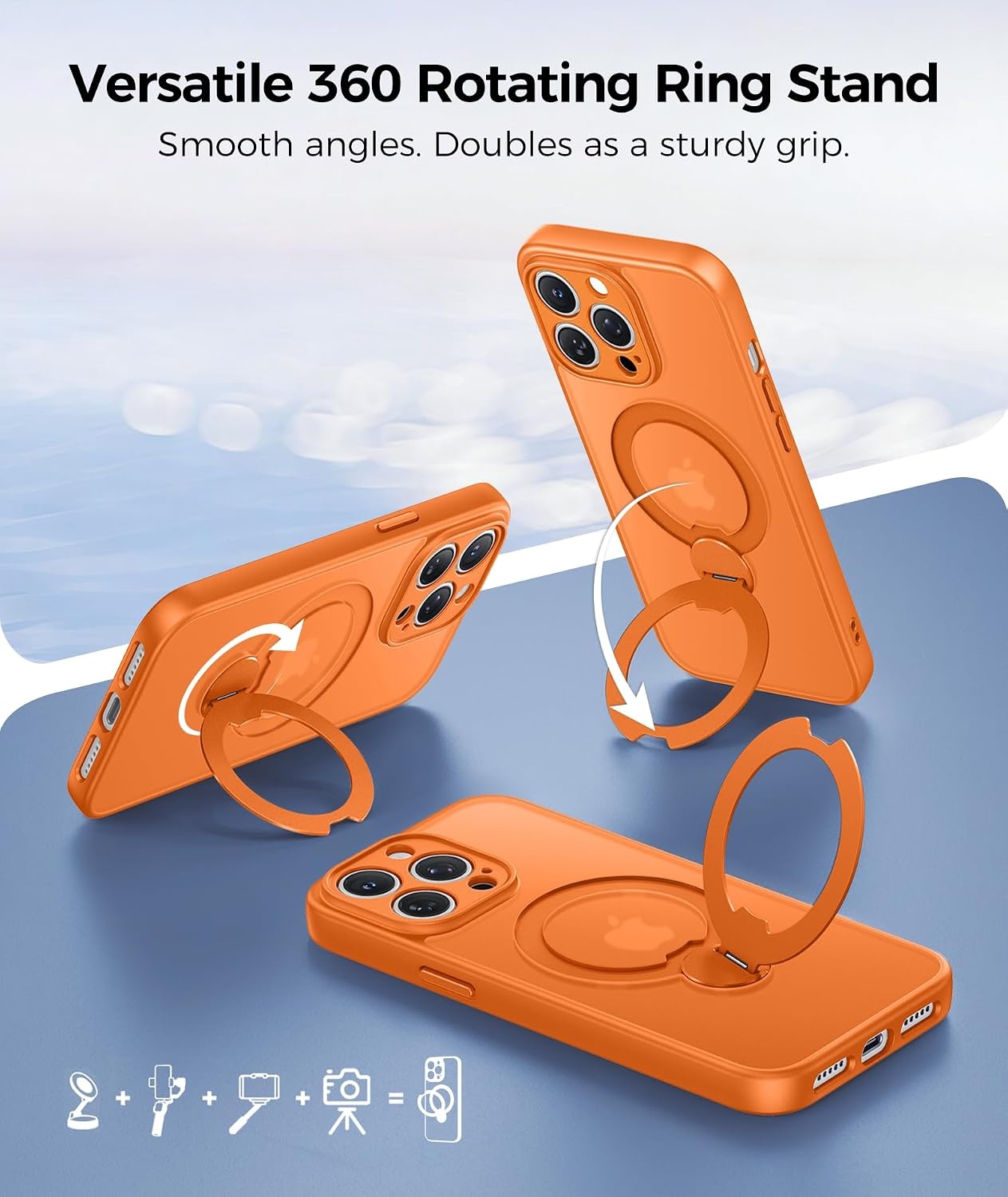 image:imageFNTCASE for iPhone 15 Pro Case with 360 Spin Magnetic Stand Black Compatible with MagsafeScreen ProtectorFull Camera ProtectionTranslucent Matte Military Grade Shockproof Phone CoverOrange
