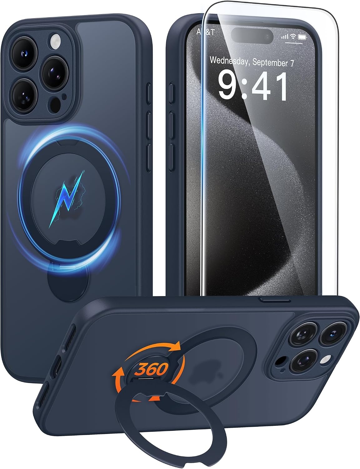 image:imageFNTCASE for iPhone 15 Pro Case with 360 Spin Magnetic Stand Black Compatible with MagsafeScreen ProtectorFull Camera ProtectionTranslucent Matte Military Grade Shockproof Phone CoverDeep Blue