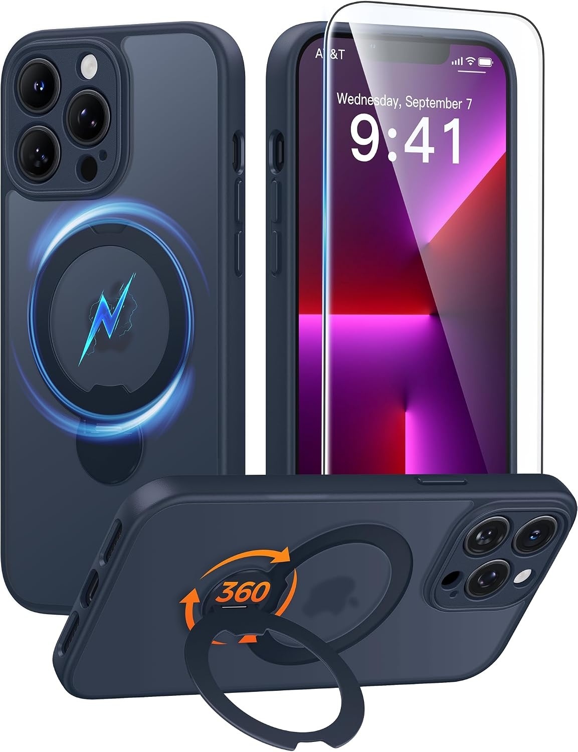 image:imageFNTCASE for iPhone 15 Pro Case with 360 Spin Magnetic Stand Black Compatible with MagsafeScreen ProtectorFull Camera ProtectionTranslucent Matte Military Grade Shockproof Phone CoverDeep Blue