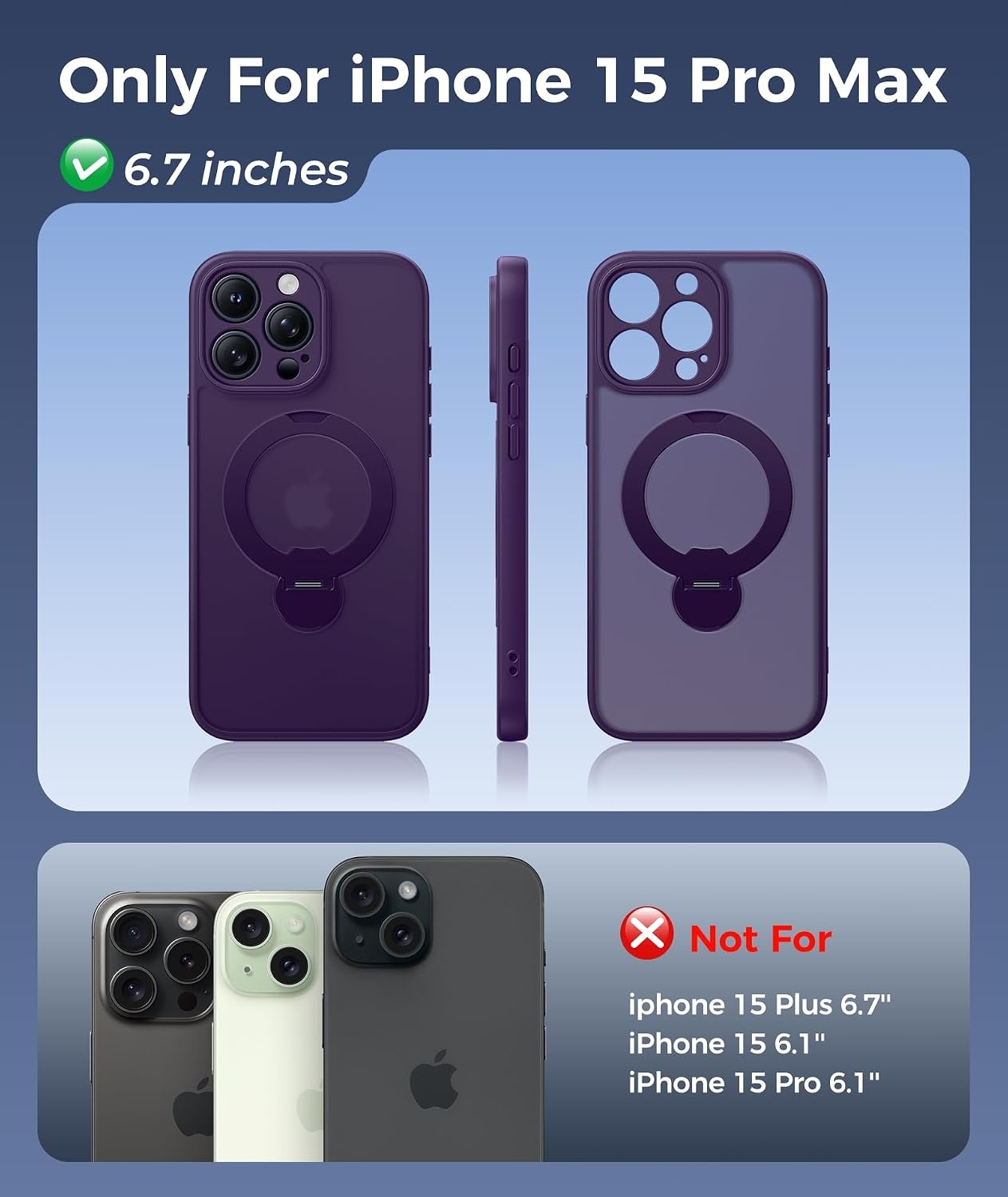 image:imageFNTCASE for iPhone 15 Pro Case with 360 Spin Magnetic Stand Black Compatible with MagsafeScreen ProtectorFull Camera ProtectionTranslucent Matte Military Grade Shockproof Phone CoverPurple