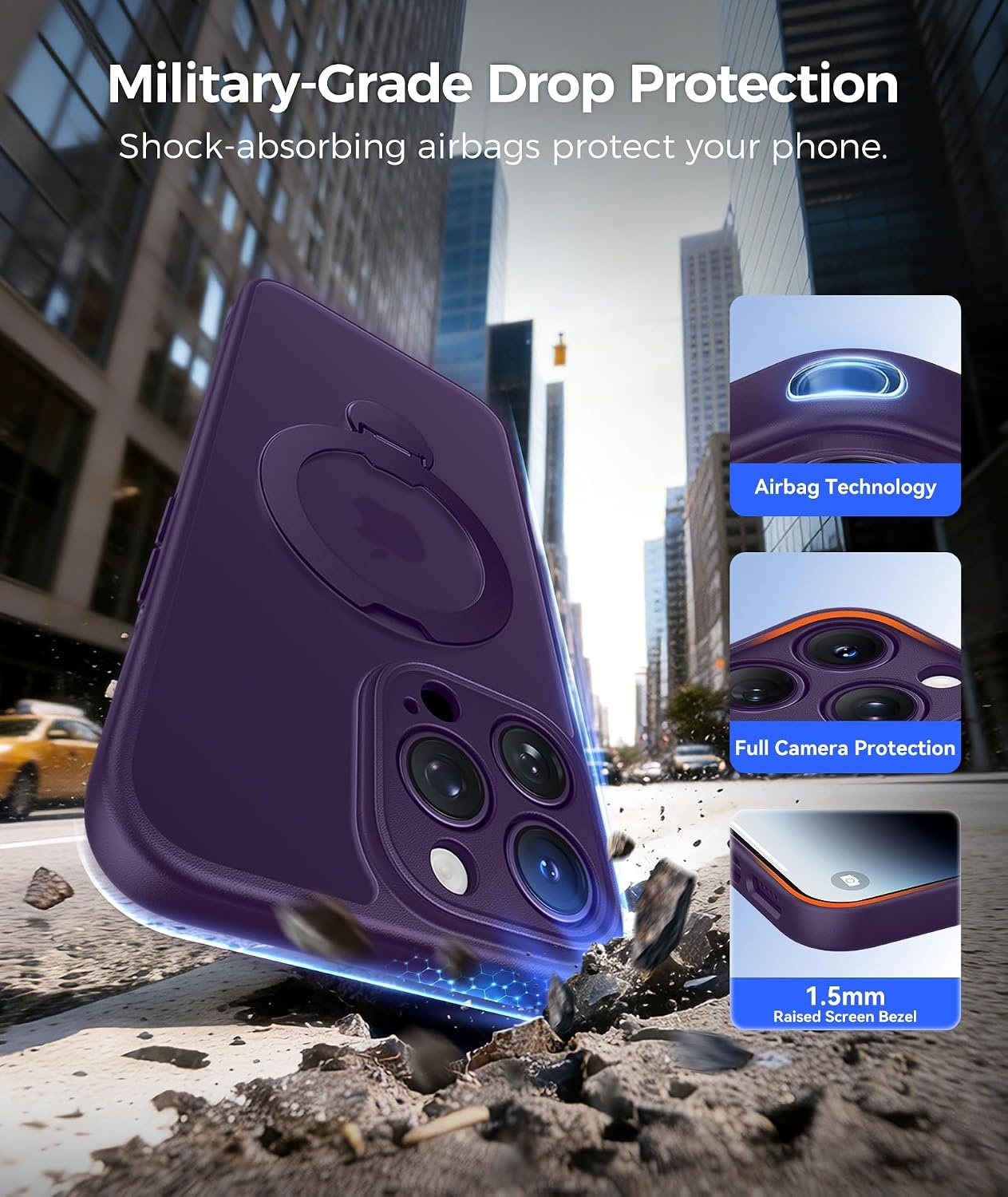 image:imageFNTCASE for iPhone 15 Pro Case with 360 Spin Magnetic Stand Black Compatible with MagsafeScreen ProtectorFull Camera ProtectionTranslucent Matte Military Grade Shockproof Phone CoverPurple