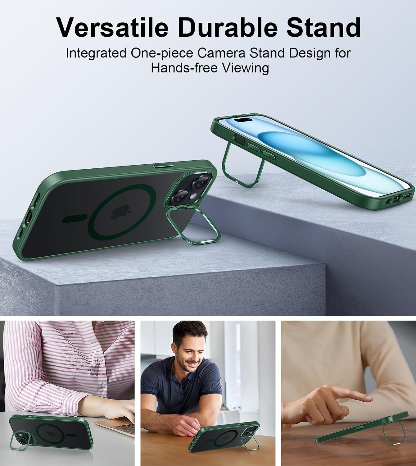 image:imageFNTCASE for iPhone 15 Pro Case with 360 Spin Magnetic Stand Black Compatible with MagsafeScreen ProtectorFull Camera ProtectionTranslucent Matte Military Grade Shockproof Phone CoverZGreen