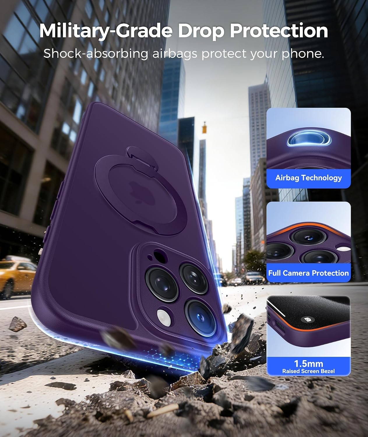 image:imageFNTCASE for iPhone 15 Pro Case with 360 Spin Magnetic Stand Black Compatible with MagsafeScreen ProtectorFull Camera ProtectionTranslucent Matte Military Grade Shockproof Phone CoverPurple