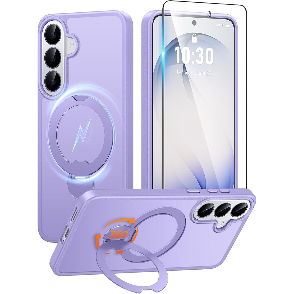 image:imageFNTCASE for iPhone 15 Pro Case with 360 Spin Magnetic Stand Black Compatible with MagsafeScreen ProtectorFull Camera ProtectionTranslucent Matte Military Grade Shockproof Phone CoverLight Purple