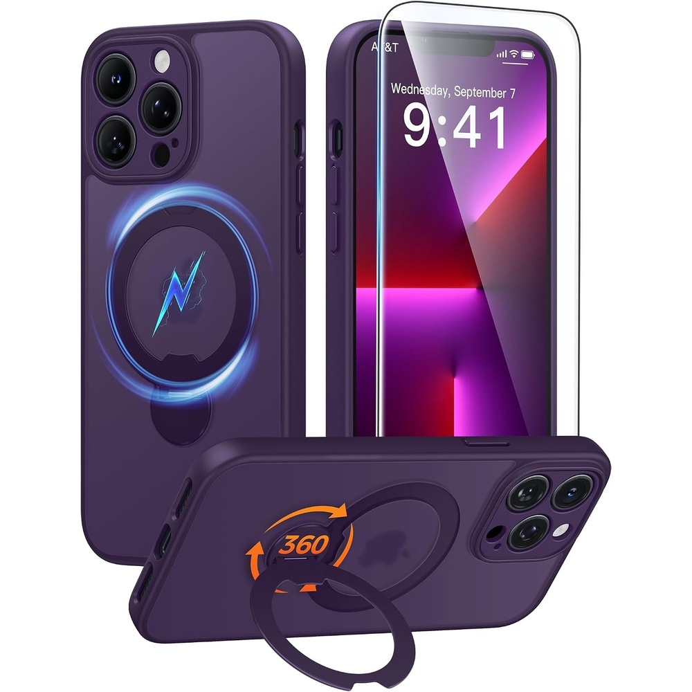 image:imageFNTCASE for iPhone 15 Pro Case with 360 Spin Magnetic Stand Black Compatible with MagsafeScreen ProtectorFull Camera ProtectionTranslucent Matte Military Grade Shockproof Phone CoverPurple