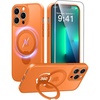 FNTCASE for iPhone 15 Pro Case with 360 Spin Magnetic Stand Black | Compatible with Magsafe,Screen Protector,Full Camera Protection,Translucent Matte Military Grade Shockproof Phone Cover(Orange)