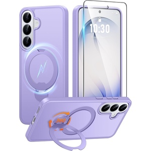 FNTCASE for iPhone 15 Pro Case with 360 Spin Magnetic Stand Black | Compatible with Magsafe,Screen Protector,Full Camera Protection,Translucent Matte Military Grade Shockproof Phone Cover(Light Purple)