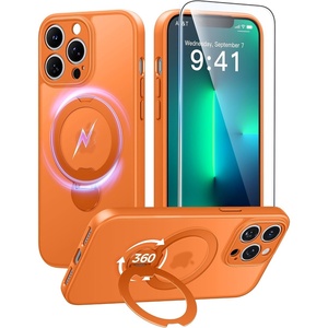 FNTCASE for iPhone 15 Pro Case with 360 Spin Magnetic Stand Black | Compatible with Magsafe,Screen Protector,Full Camera Protection,Translucent Matte Military Grade Shockproof Phone Cover(Orange)