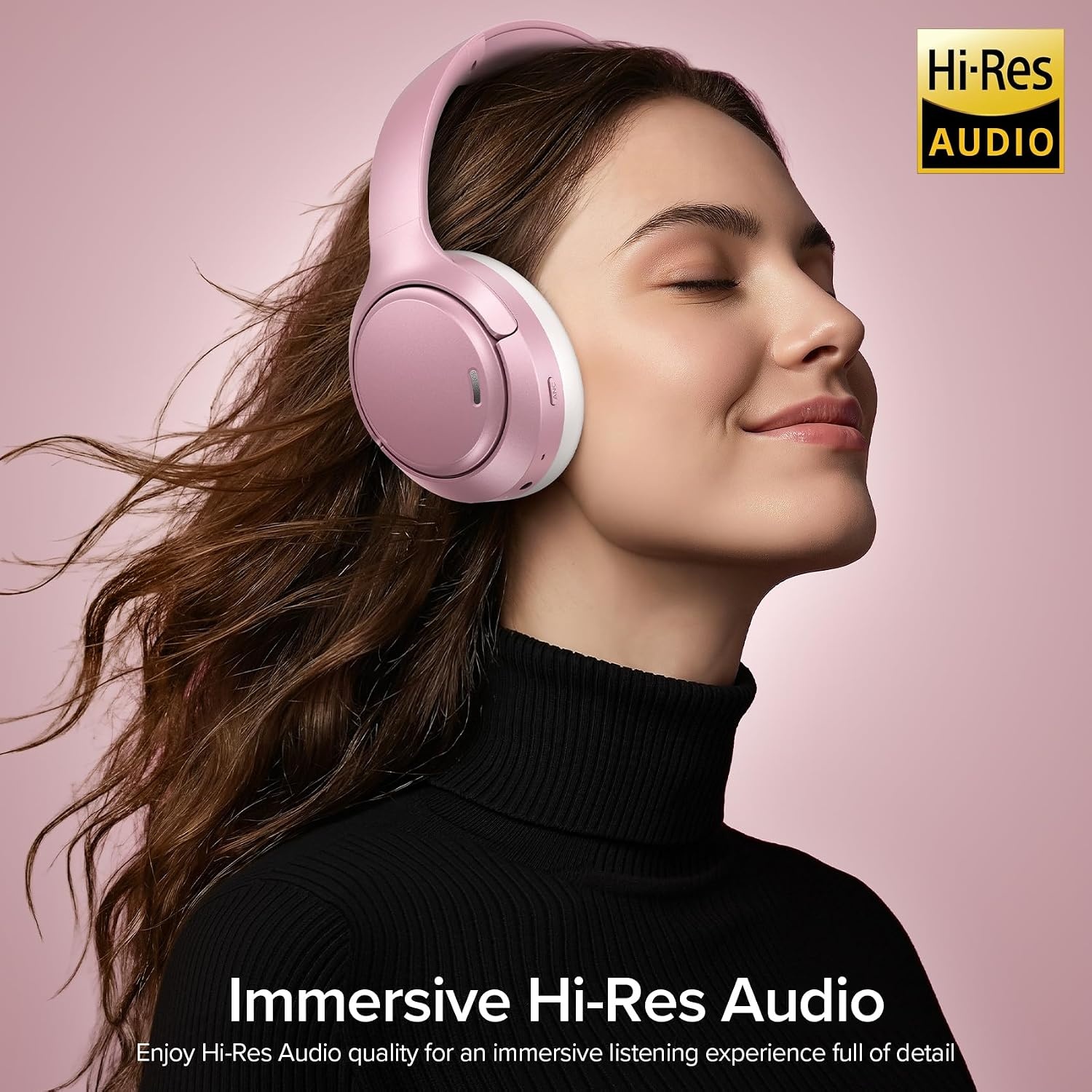 image:imageHybrid Active Noise Cancelling Bluetooth 60 Headphones 120H Long Playtime 6 ENC Mic Over Ear Headphones Wireless HiRes Audio Memory Foam Earcup Transparency Mode ANC Headphone for Travel OfficeRose Gold