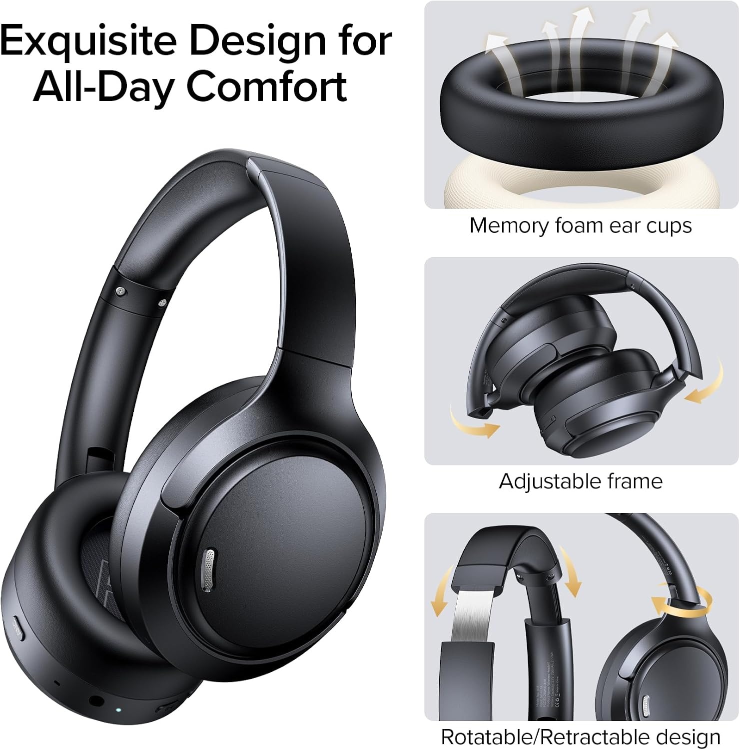 image:imageHybrid Active Noise Cancelling Bluetooth 60 Headphones 120H Long Playtime 6 ENC Mic Over Ear Headphones Wireless HiRes Audio Memory Foam Earcup Transparency Mode ANC Headphone for Travel OfficeObsidian Black