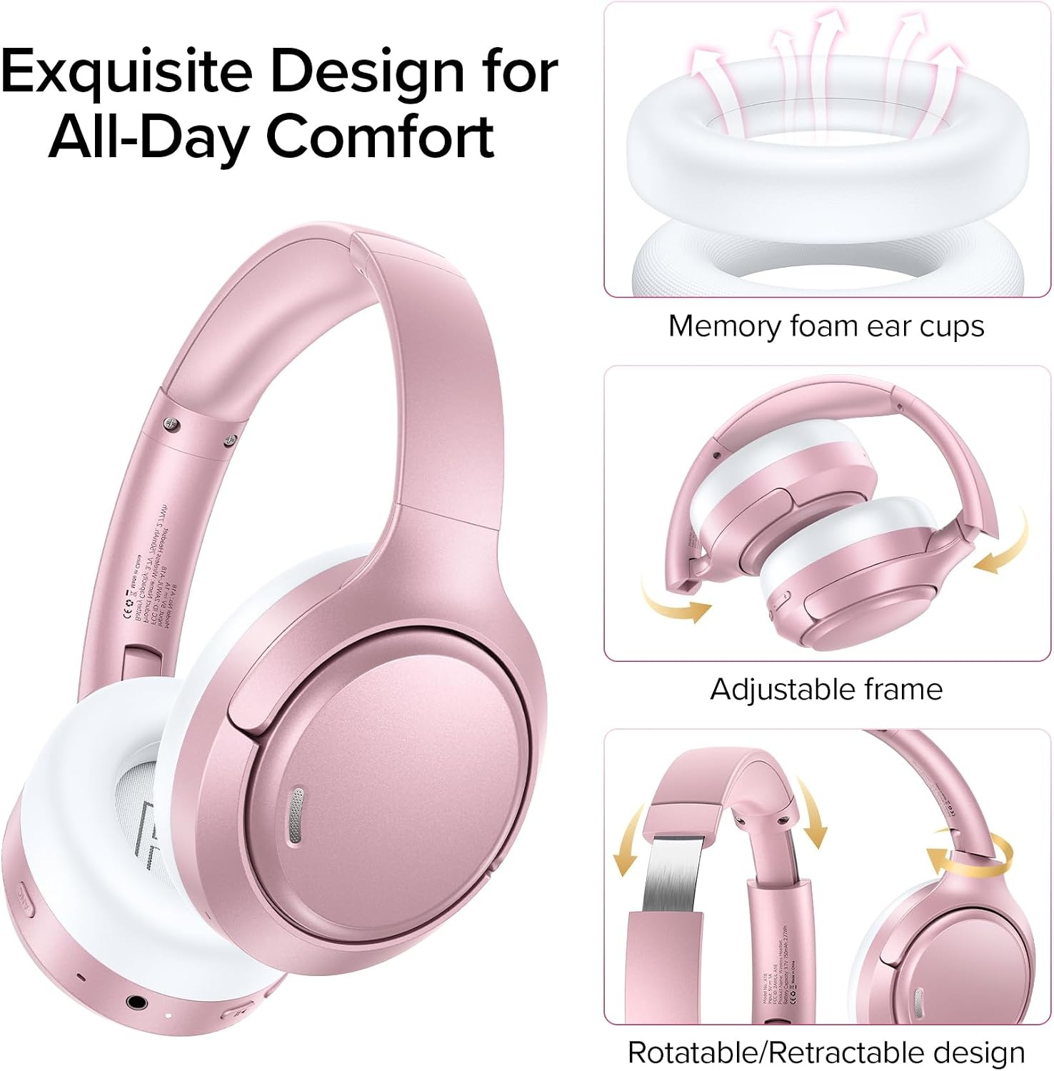 image:imageHybrid Active Noise Cancelling Bluetooth 60 Headphones 120H Long Playtime 6 ENC Mic Over Ear Headphones Wireless HiRes Audio Memory Foam Earcup Transparency Mode ANC Headphone for Travel OfficeRose Gold