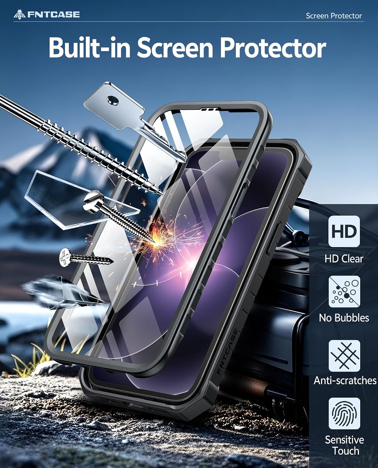 image:imageFNTCASE for iPhone 16 Pro Max Case with Builtin Screen Protector OrangeBlack