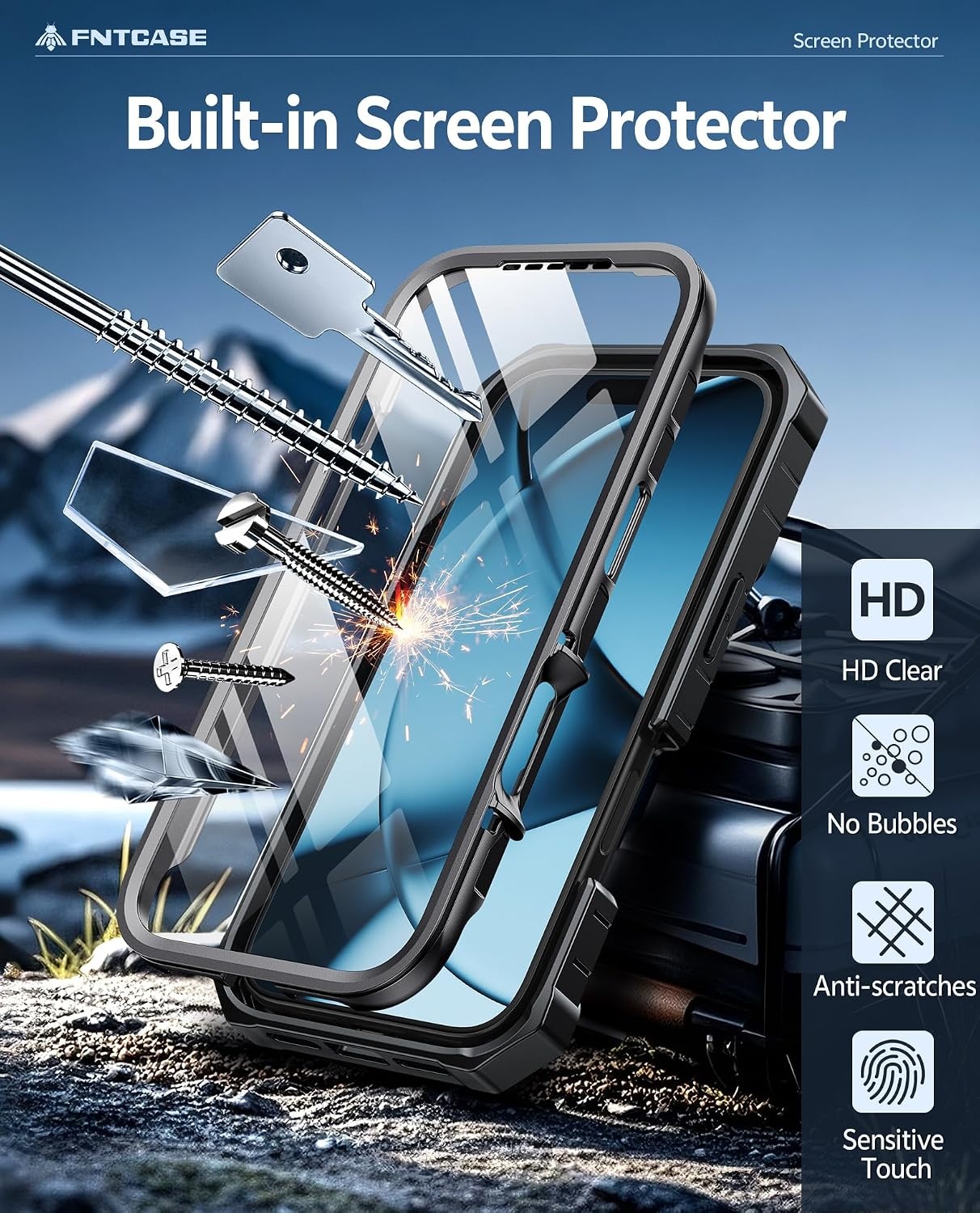 image:imageFNTCASE for iPhone 16 Pro Max Case with Builtin Screen Protector OrangeBlack