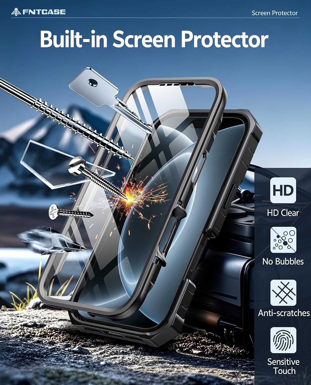 image:imageFNTCASE for iPhone 16 Pro Max Case with Builtin Screen Protector OrangeBlack