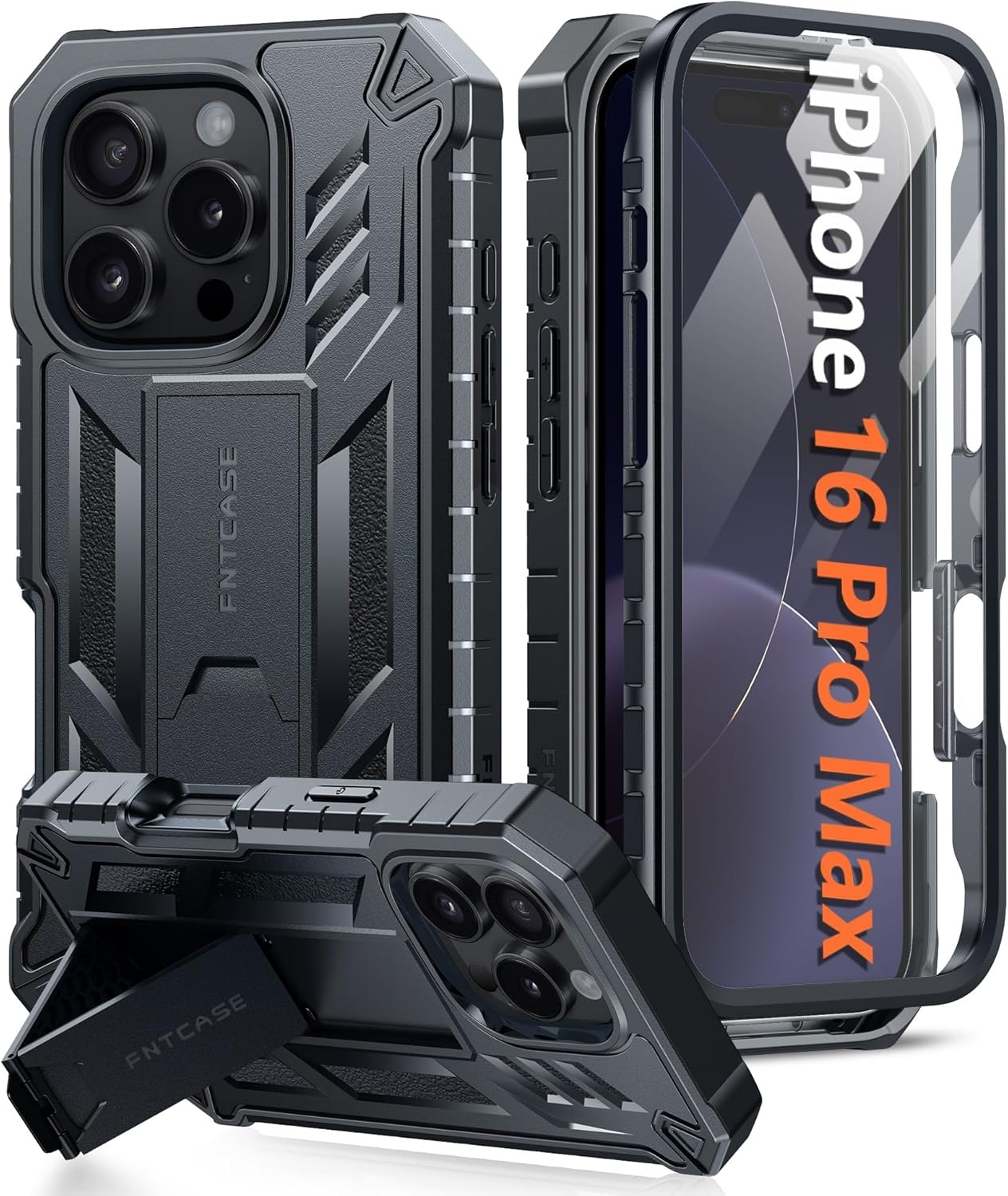 image:imageFNTCASE for iPhone 16 Pro Max Case with Builtin Screen Protector OrangeBlack Matte
