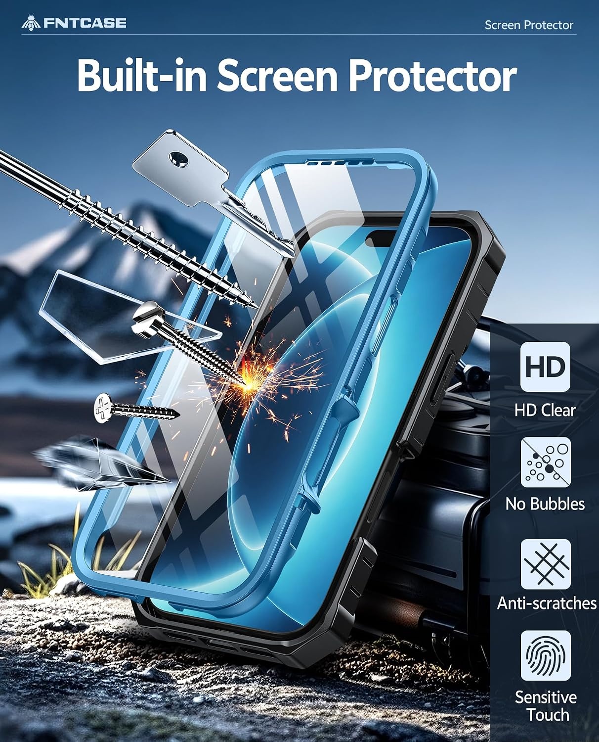 image:imageFNTCASE for iPhone 16 Pro Max Case with Builtin Screen Protector OrangeBlue