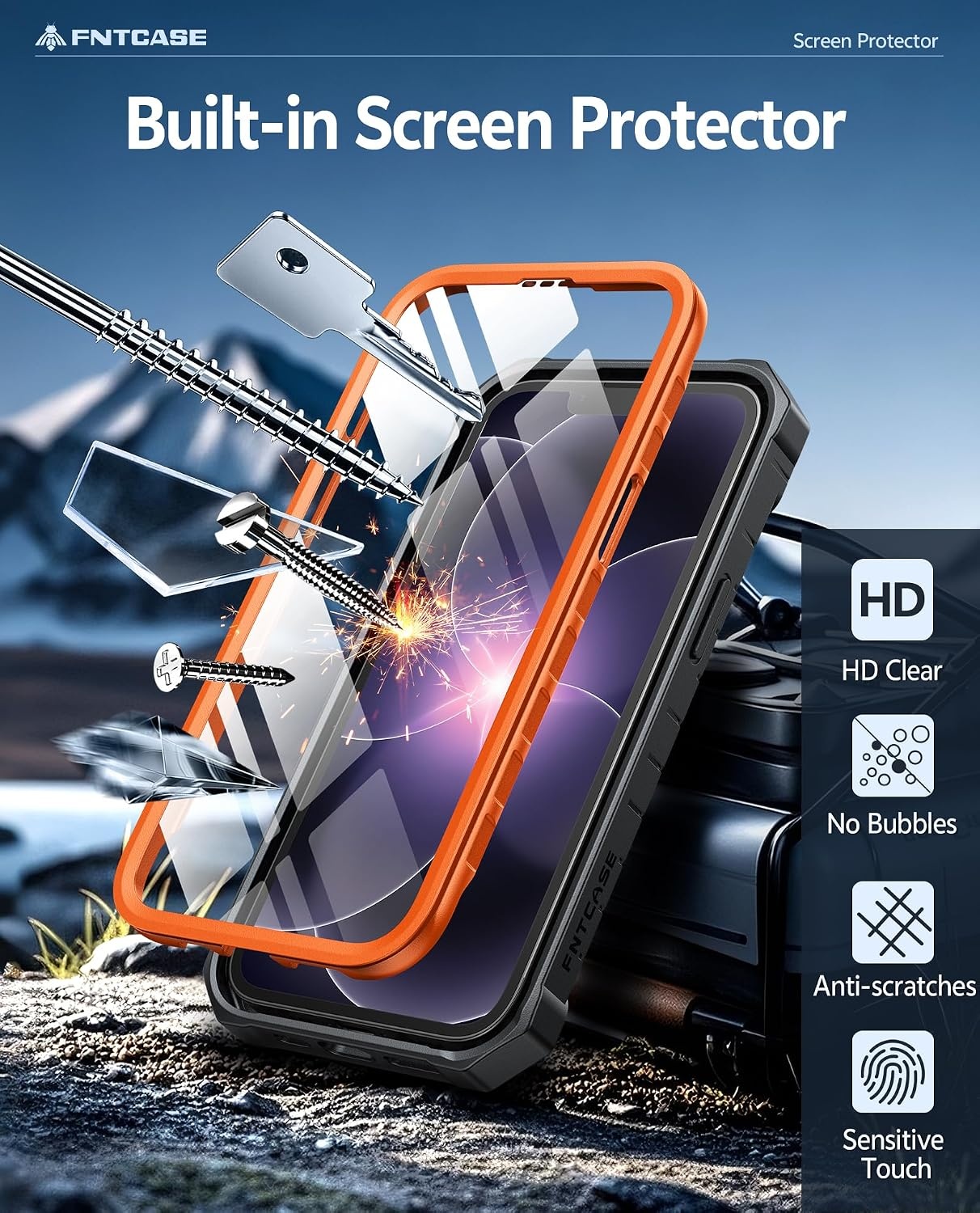 image:imageFNTCASE for iPhone 16 Pro Max Case with Builtin Screen Protector OrangeOrange