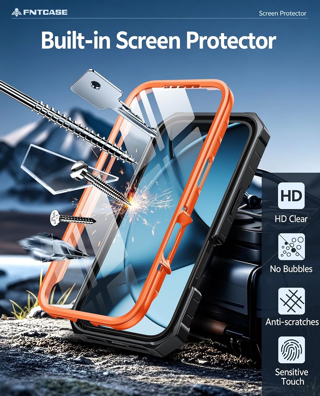 image:imageFNTCASE for iPhone 16 Pro Max Case with Builtin Screen Protector OrangeOrange