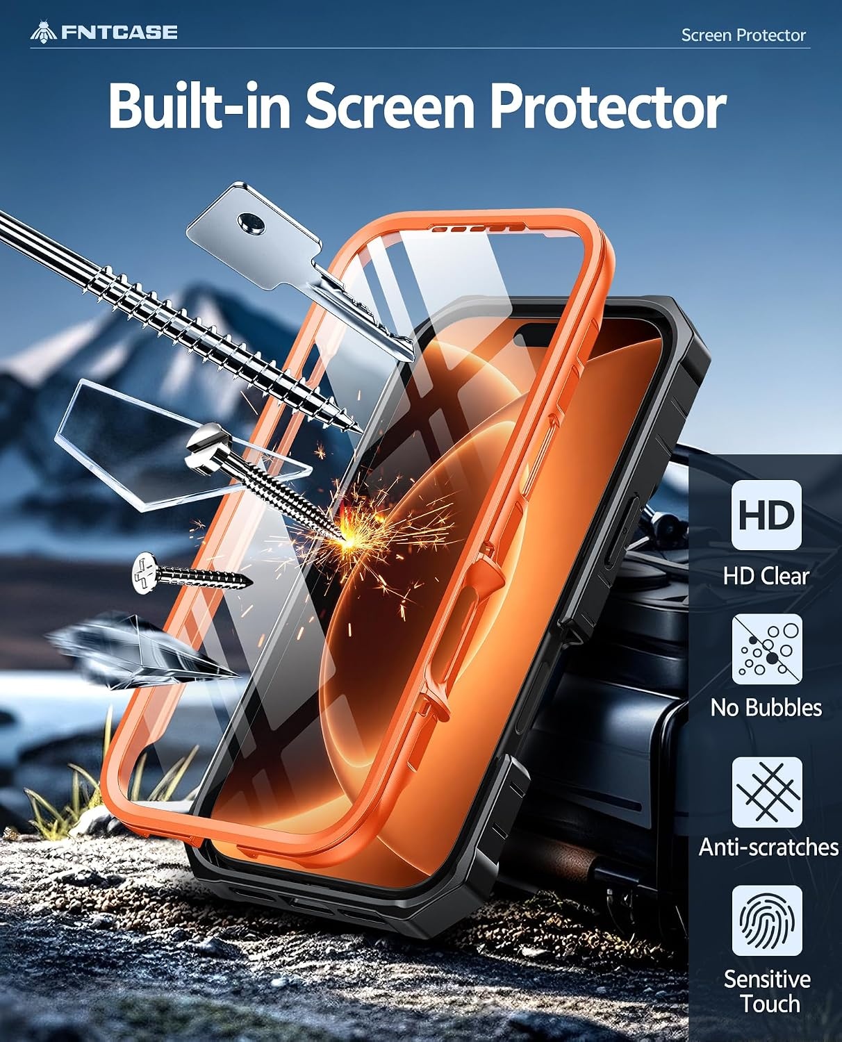image:imageFNTCASE for iPhone 16 Pro Max Case with Builtin Screen Protector OrangeOrange