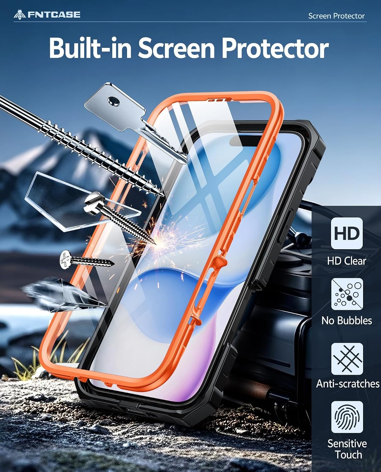 image:imageFNTCASE for iPhone 16 Pro Max Case with Builtin Screen Protector OrangeOrange
