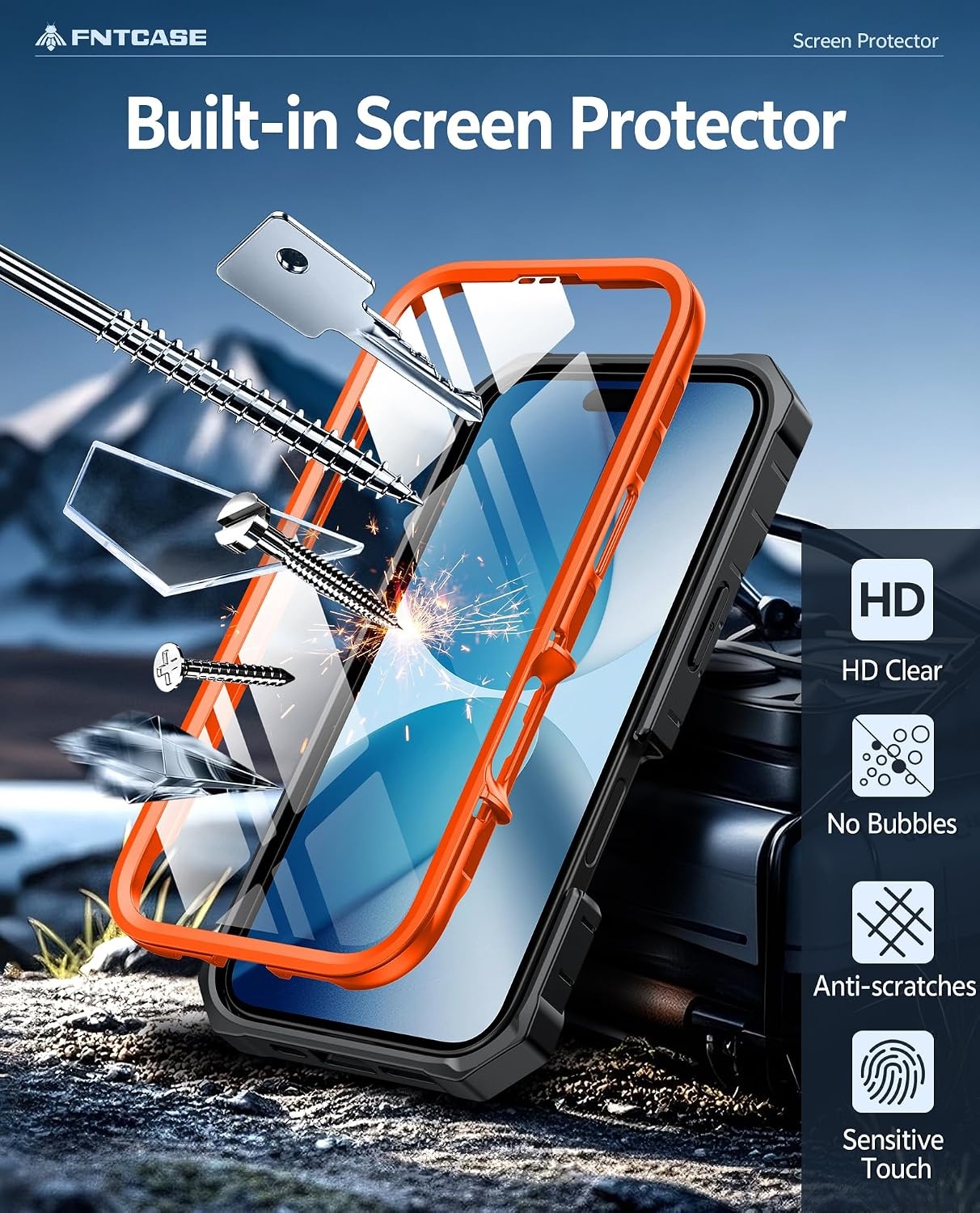 image:imageFNTCASE for iPhone 16 Pro Max Case with Builtin Screen Protector OrangeOrange