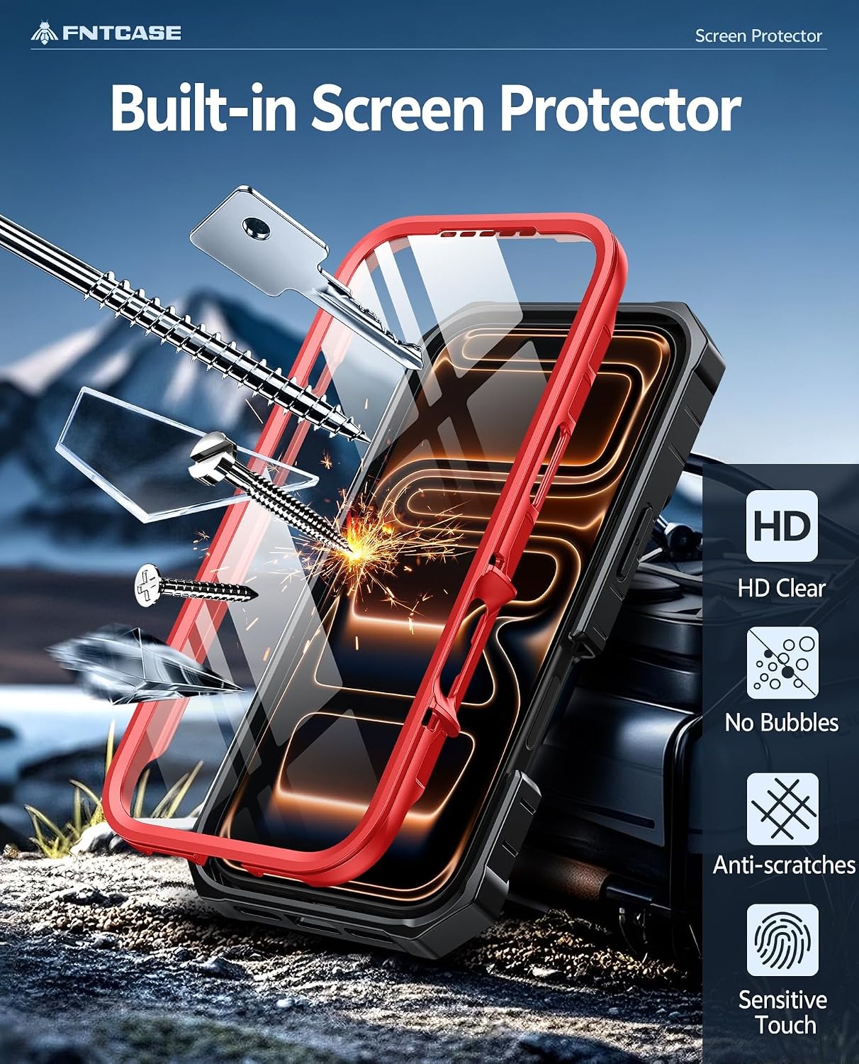 image:imageFNTCASE for iPhone 16 Pro Max Case with Builtin Screen Protector OrangeRed