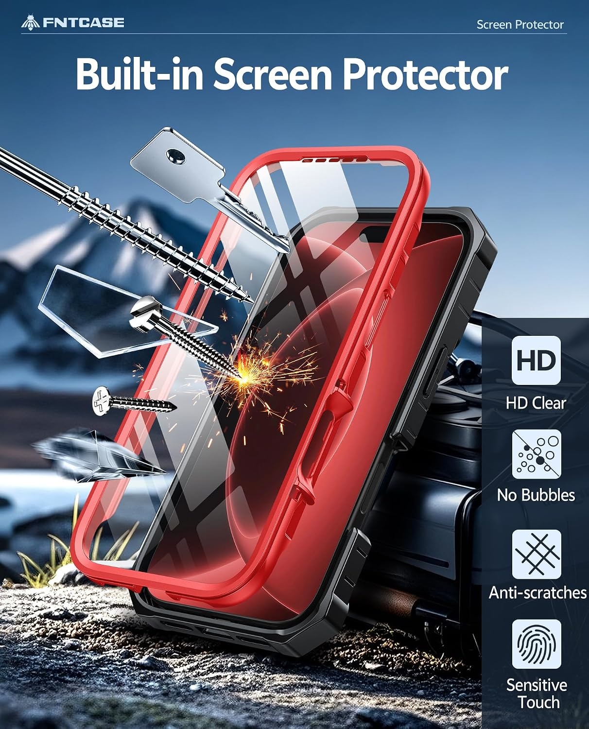 image:imageFNTCASE for iPhone 16 Pro Max Case with Builtin Screen Protector OrangeRed