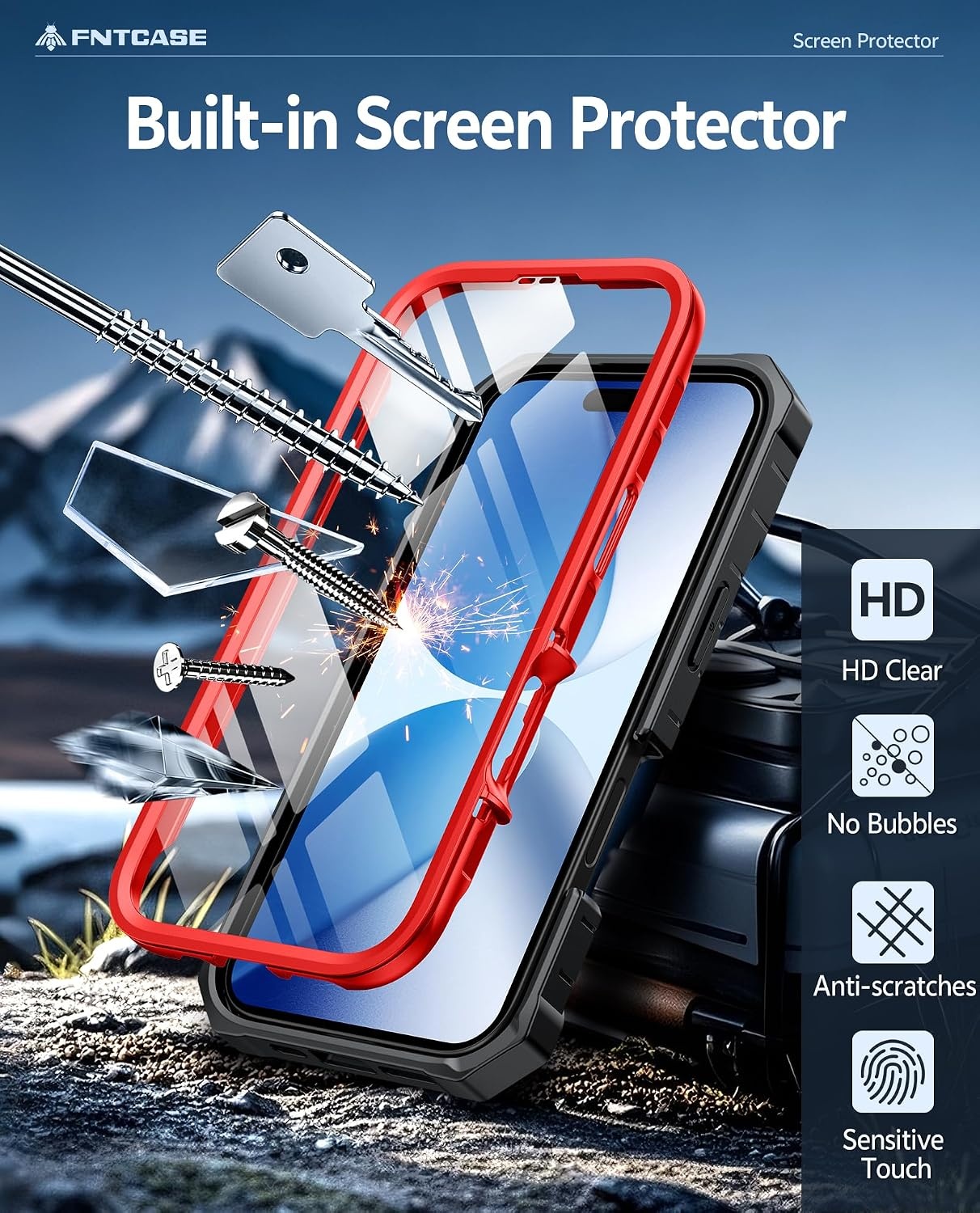 image:imageFNTCASE for iPhone 16 Pro Max Case with Builtin Screen Protector OrangeRed