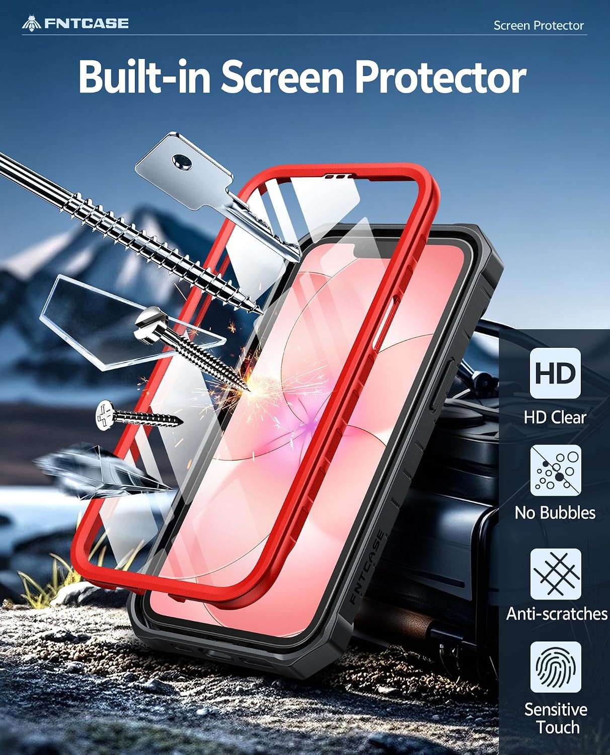 image:imageFNTCASE for iPhone 16 Pro Max Case with Builtin Screen Protector OrangeRed