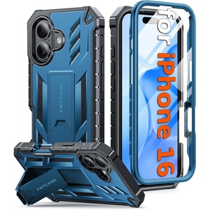 FNTCASE for iPhone 16 Pro Max Case, with Built-in Screen Protector, Orange(Blue Matte)