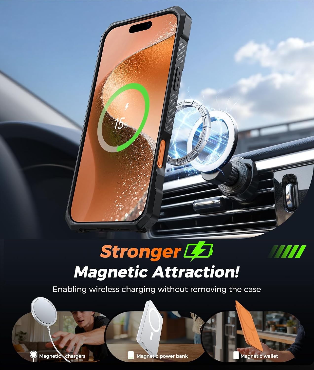 image:imageFNTCASE for Samsung Galaxy S26FE Case with 360 Spin Magnetic KickstandTranslucent Orange
