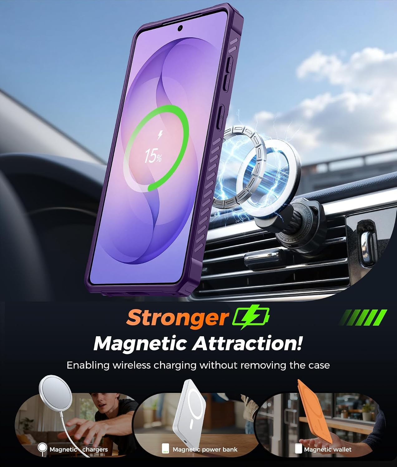 image:imageFNTCASE for Samsung Galaxy S26FE Case with 360 Spin Magnetic KickstandTranslucent Purple