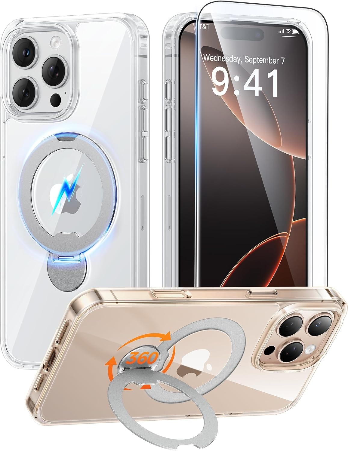 image:imageFNTCASE for iPhone 16 Pro Max Case with 360 Spin Magnetic Stand BlackClear