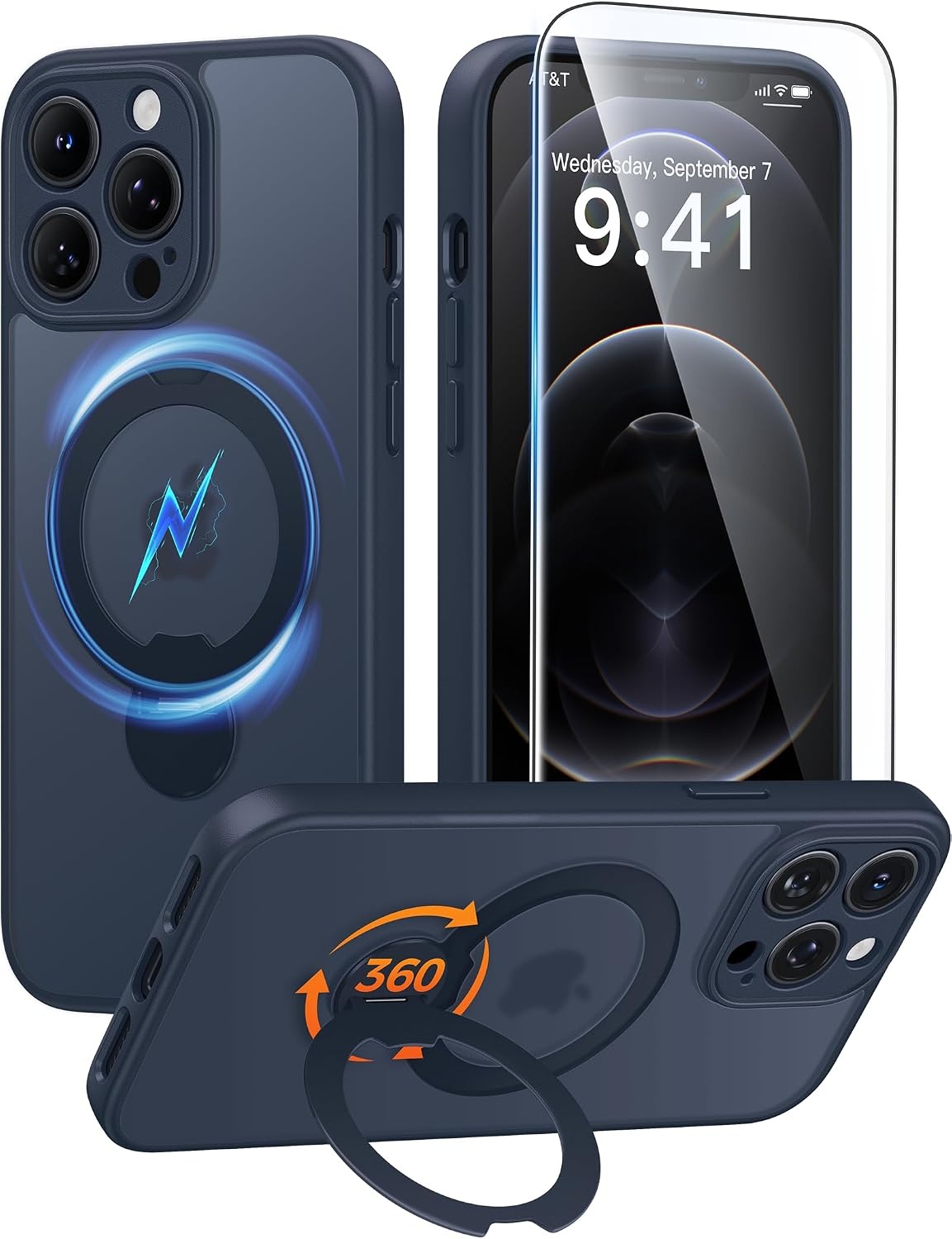 image:imageFNTCASE for iPhone 16 Pro Max Case with 360 Spin Magnetic Stand BlackDeep Blue