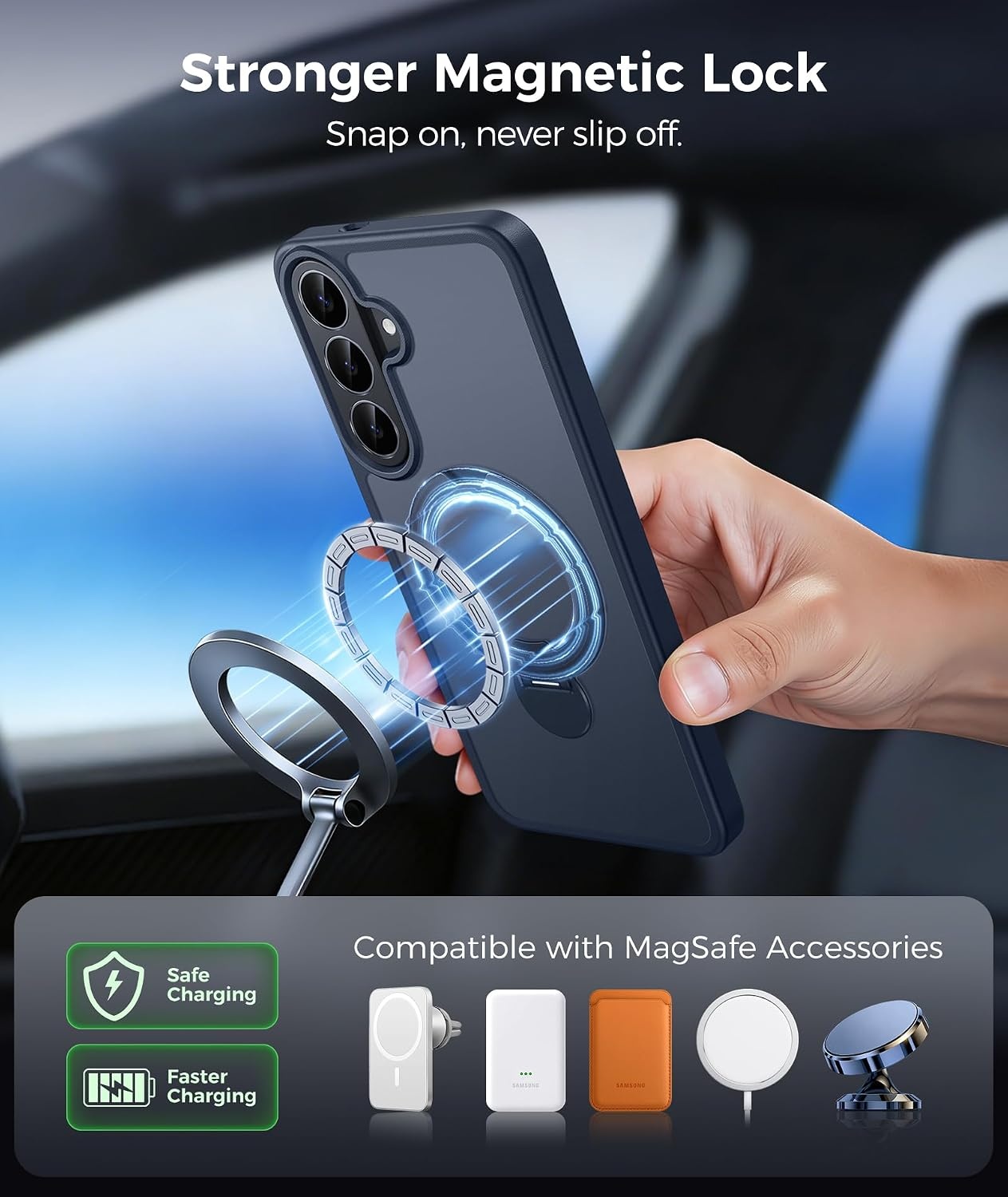 image:imageFNTCASE for iPhone 16 Pro Max Case with 360 Spin Magnetic Stand BlackDeep Blue