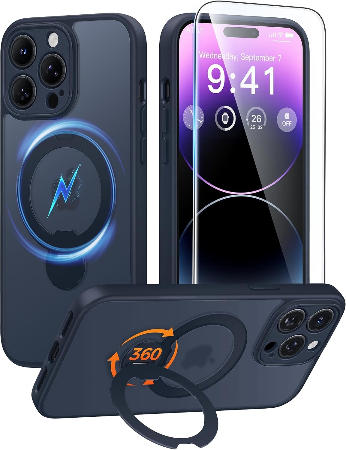 image:imageFNTCASE for iPhone 16 Pro Max Case with 360 Spin Magnetic Stand BlackDeep Blue
