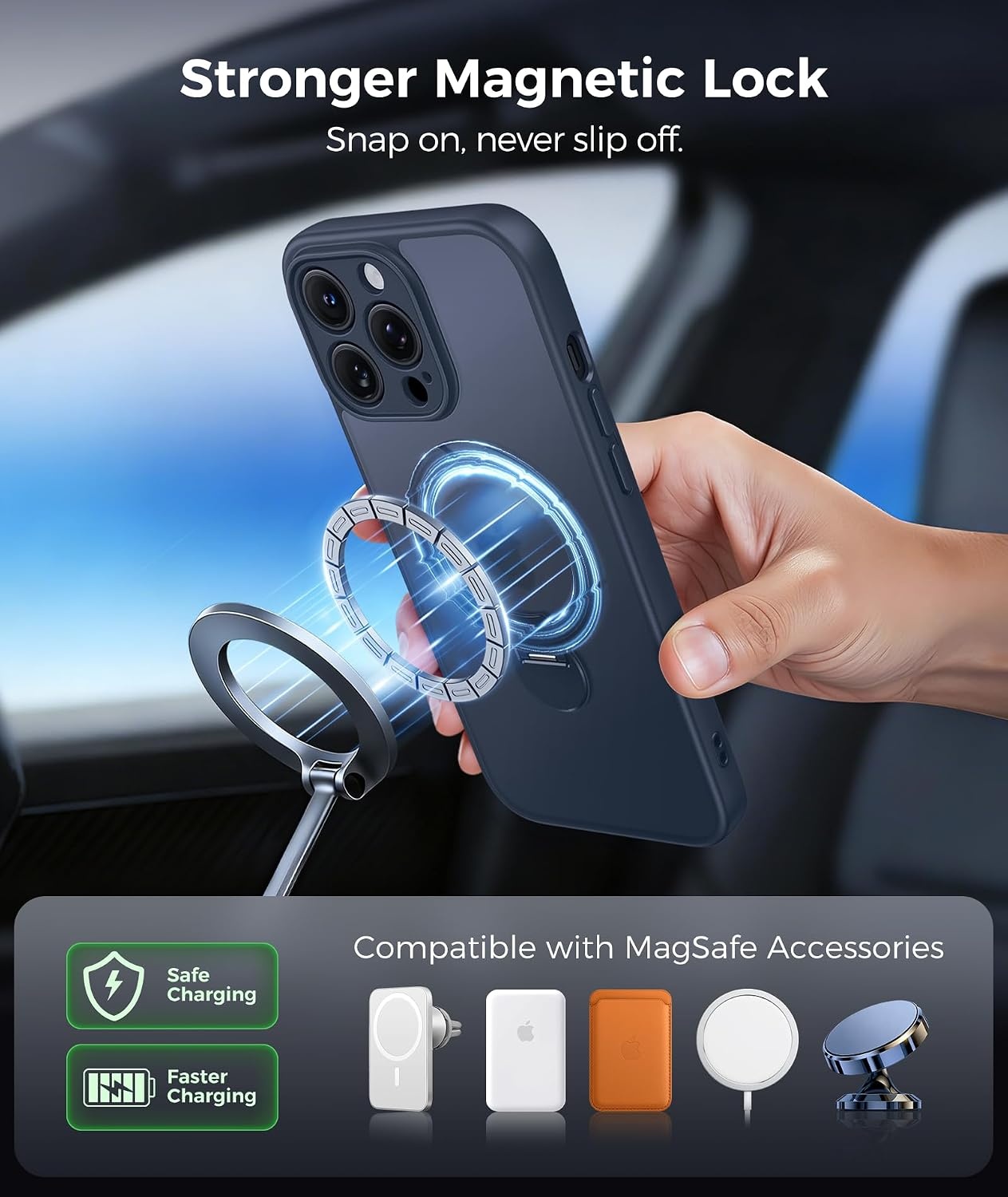 image:imageFNTCASE for iPhone 16 Pro Max Case with 360 Spin Magnetic Stand BlackDeep Blue
