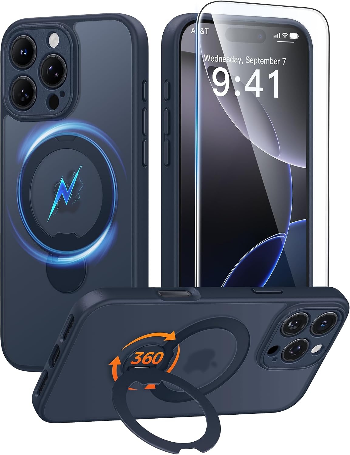 image:imageFNTCASE for iPhone 16 Pro Max Case with 360 Spin Magnetic Stand BlackDeep Blue