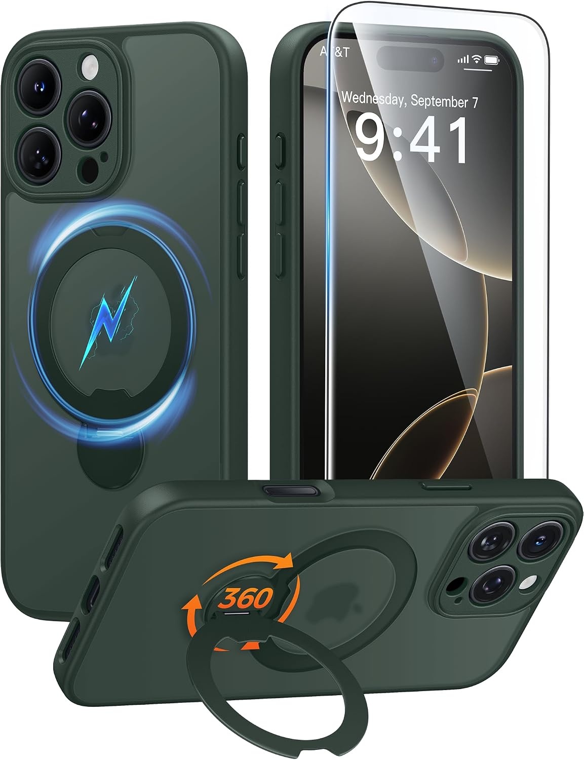 image:imageFNTCASE for iPhone 16 Pro Max Case with 360 Spin Magnetic Stand BlackGreen