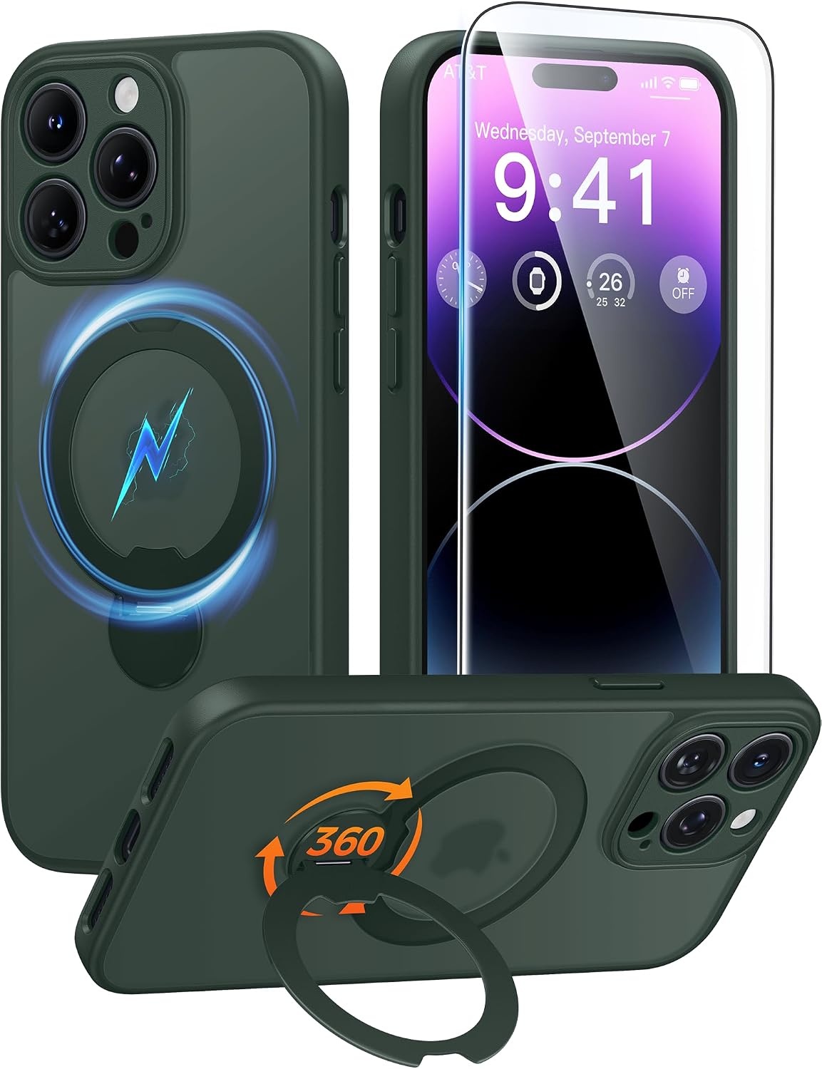 image:imageFNTCASE for iPhone 16 Pro Max Case with 360 Spin Magnetic Stand BlackGreen