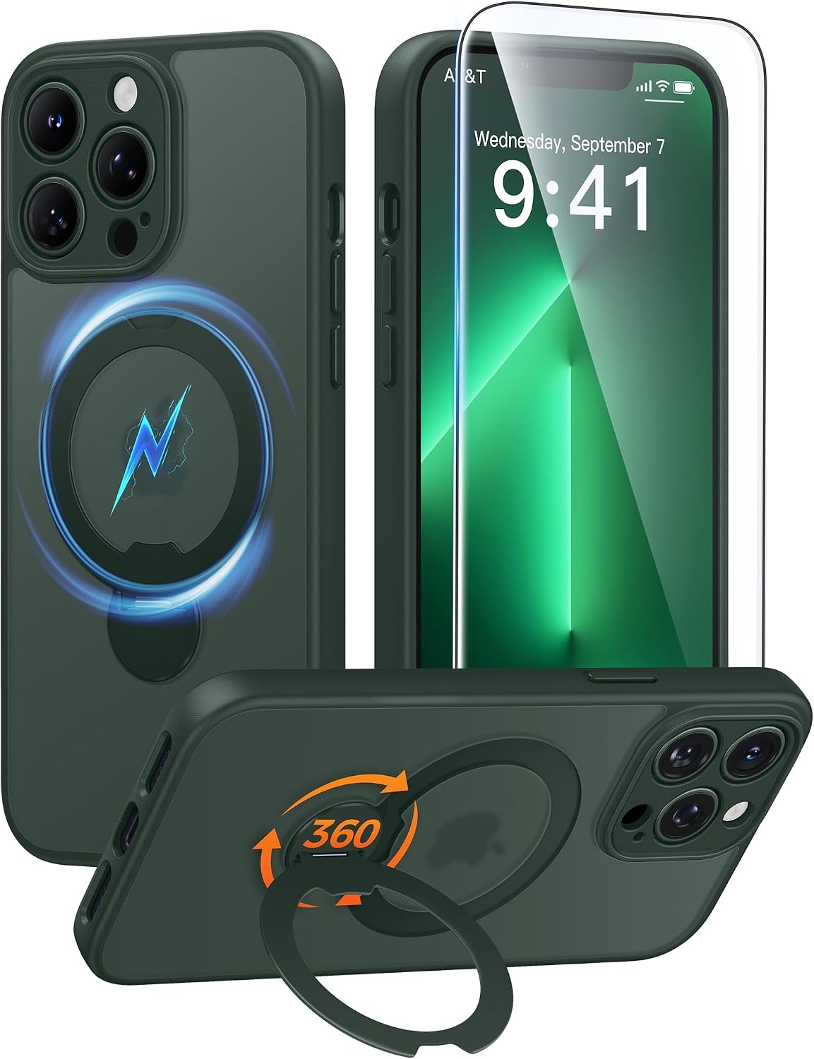 image:imageFNTCASE for iPhone 16 Pro Max Case with 360 Spin Magnetic Stand BlackGreen