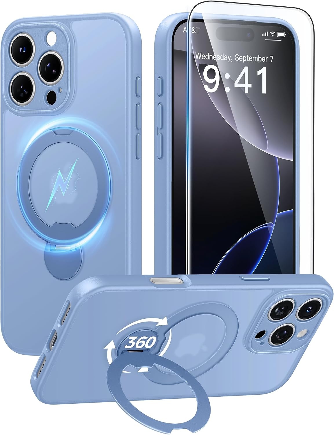 image:imageFNTCASE for iPhone 16 Pro Max Case with 360 Spin Magnetic Stand BlackLight Blue