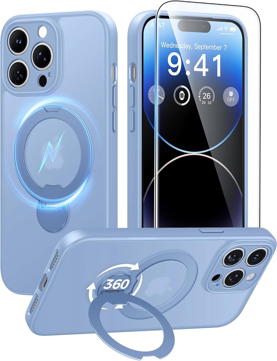 image:imageFNTCASE for iPhone 16 Pro Max Case with 360 Spin Magnetic Stand BlackLight Blue