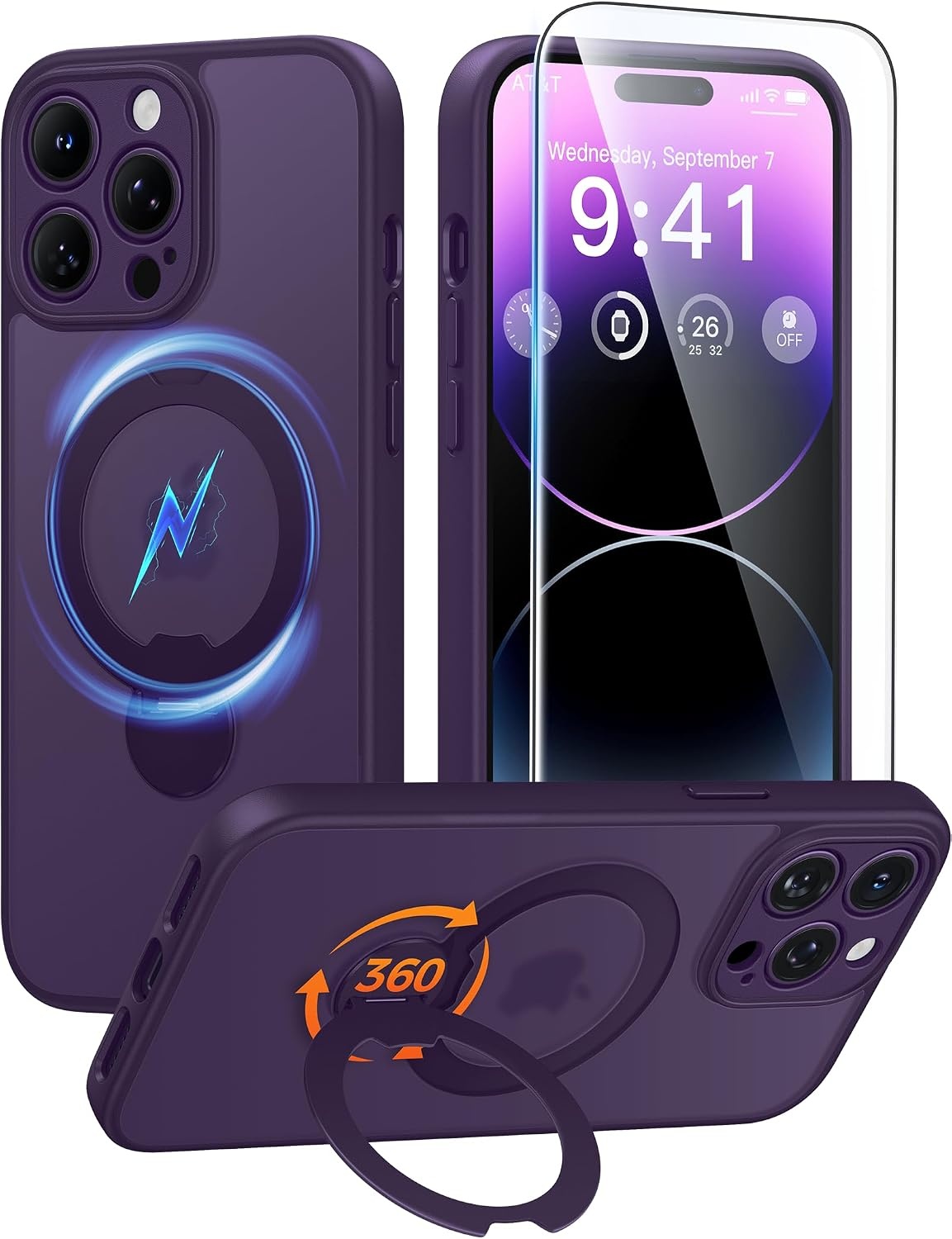 image:imageFNTCASE for iPhone 16 Pro Max Case with 360 Spin Magnetic Stand BlackPurple