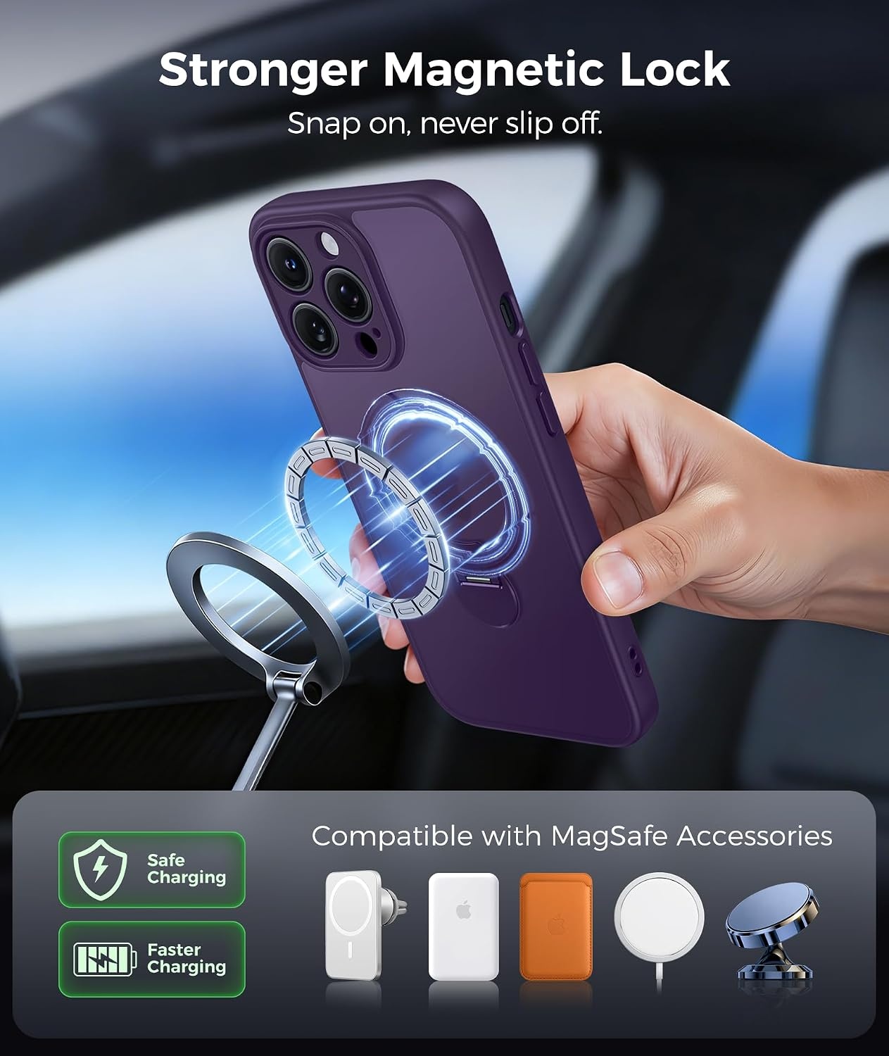 image:imageFNTCASE for iPhone 16 Pro Max Case with 360 Spin Magnetic Stand BlackPurple