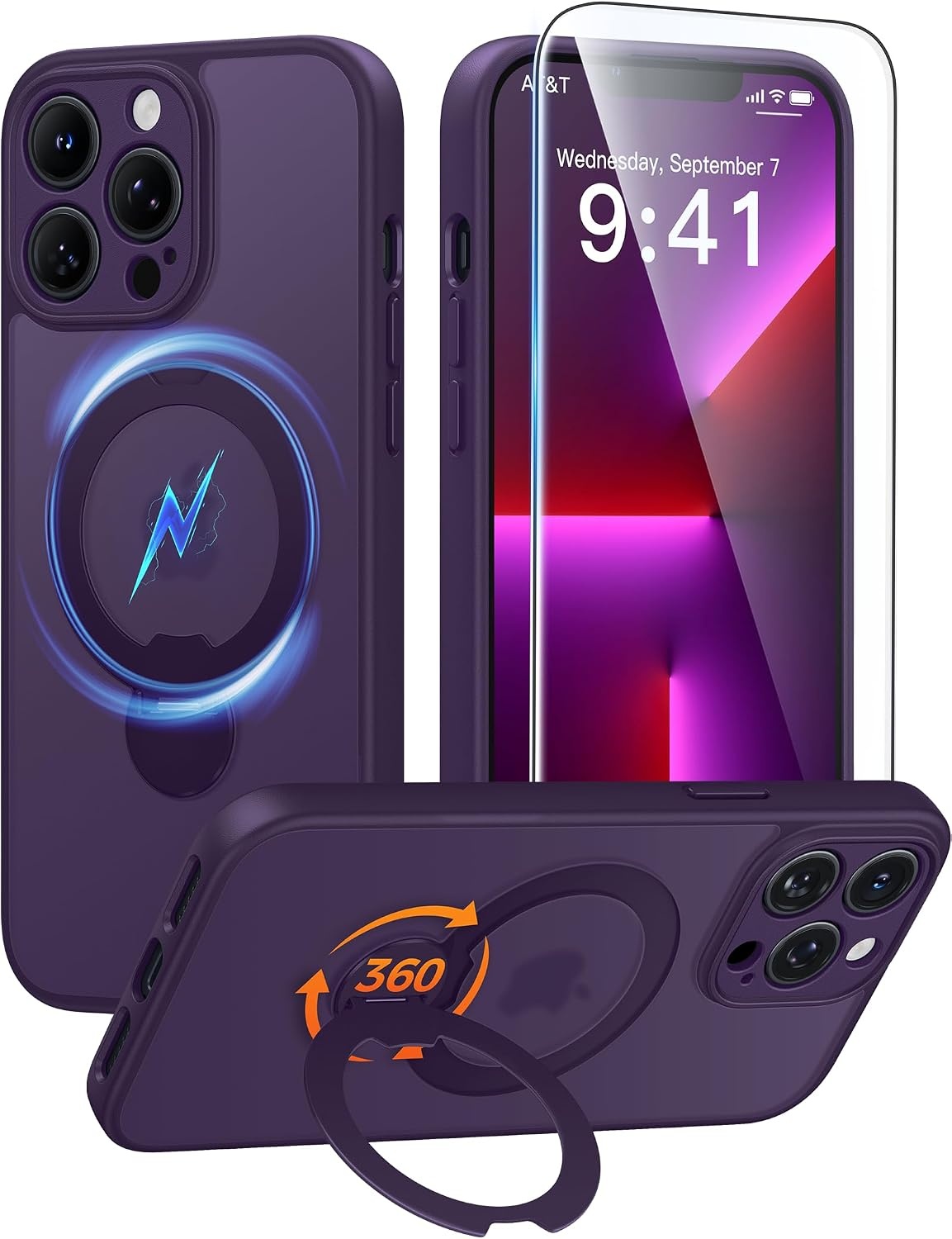 image:imageFNTCASE for iPhone 16 Pro Max Case with 360 Spin Magnetic Stand BlackPurple