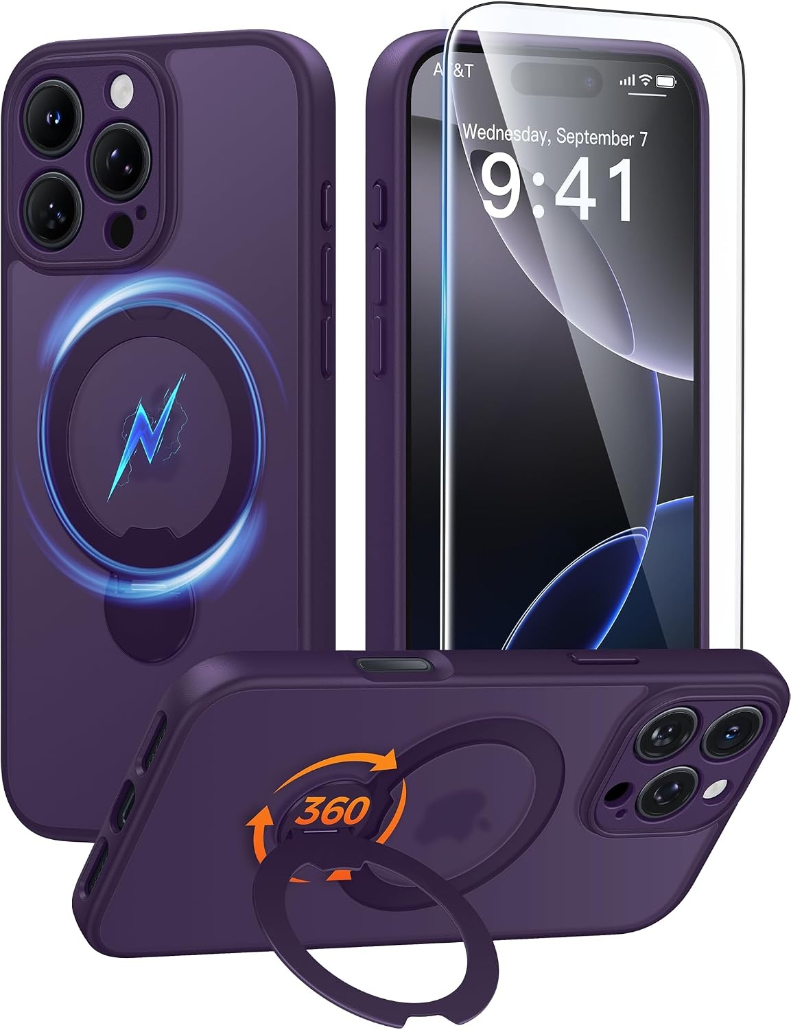image:imageFNTCASE for iPhone 16 Pro Max Case with 360 Spin Magnetic Stand BlackPurple