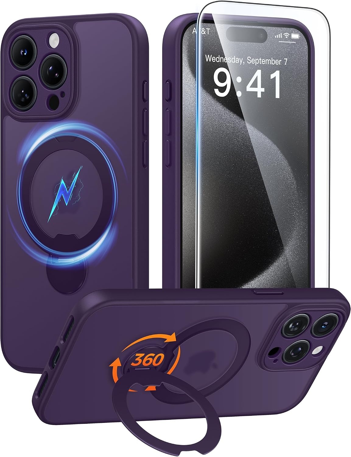 image:imageFNTCASE for iPhone 16 Pro Max Case with 360 Spin Magnetic Stand BlackPurple