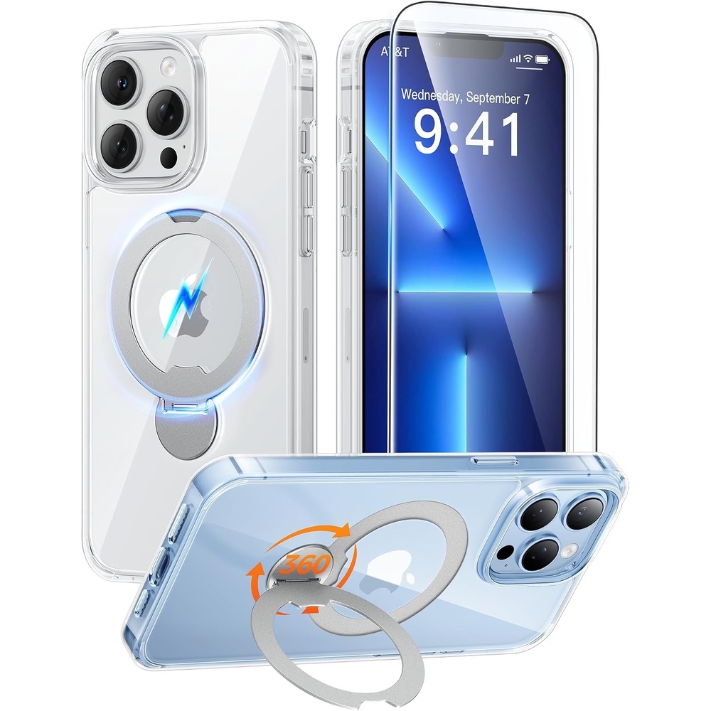 image:imageFNTCASE for iPhone 16 Pro Max Case with 360 Spin Magnetic Stand BlackClear