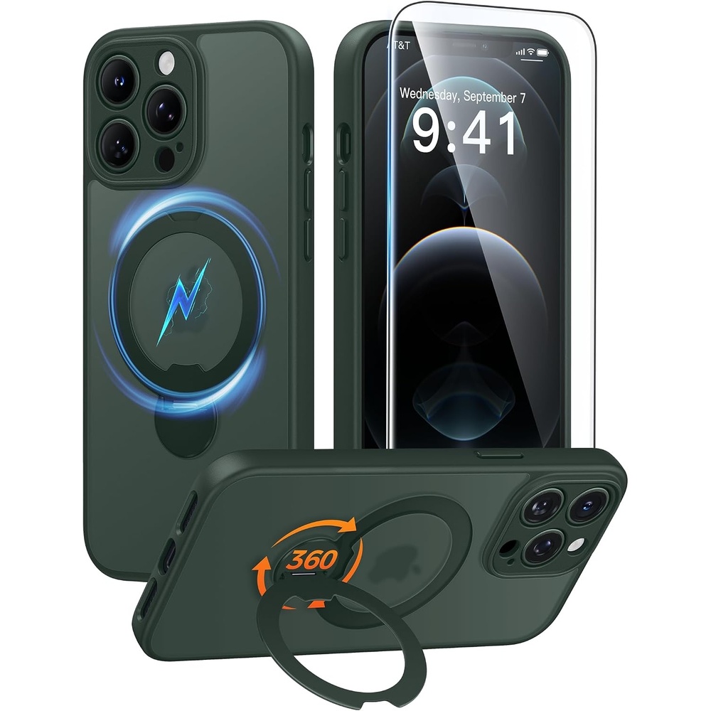 image:imageFNTCASE for iPhone 16 Pro Max Case with 360 Spin Magnetic Stand BlackGreen